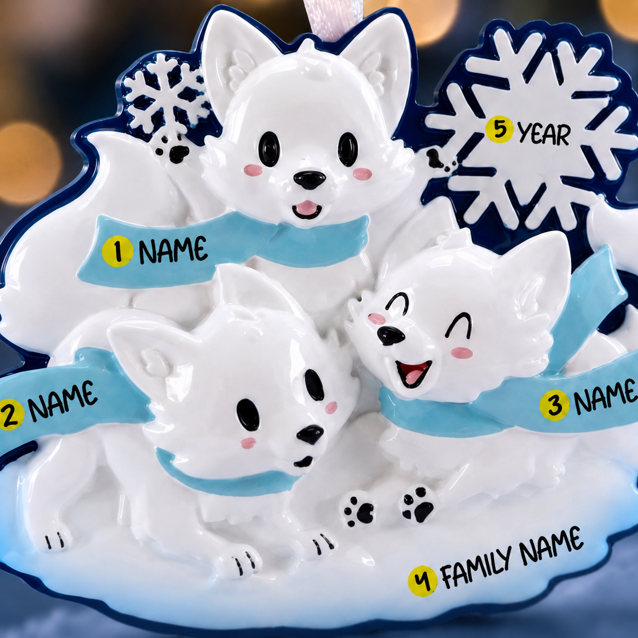 Personalizable dog ornament with name tags on a blurred background