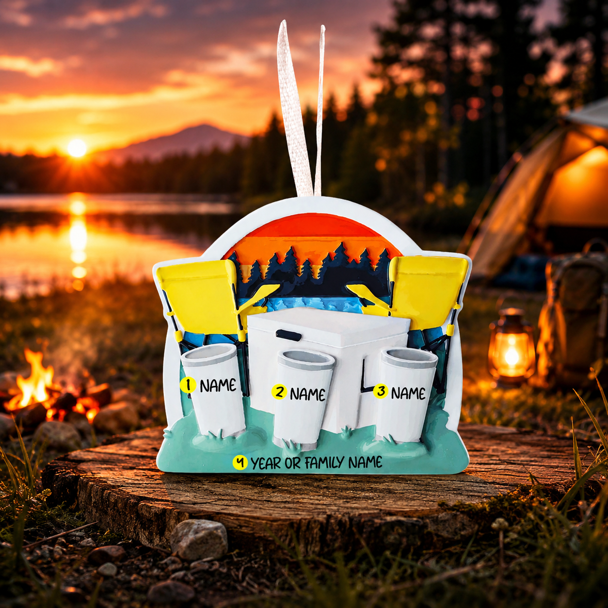 Personalized campsite decoration with ice buckets and name labels against a camping backdrop.