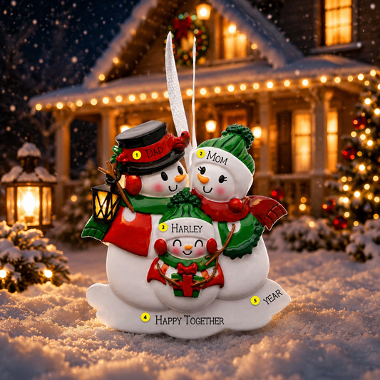 Decorative snowman family ornament with 'Mom' and 'Dad' in front of a Christmas house.