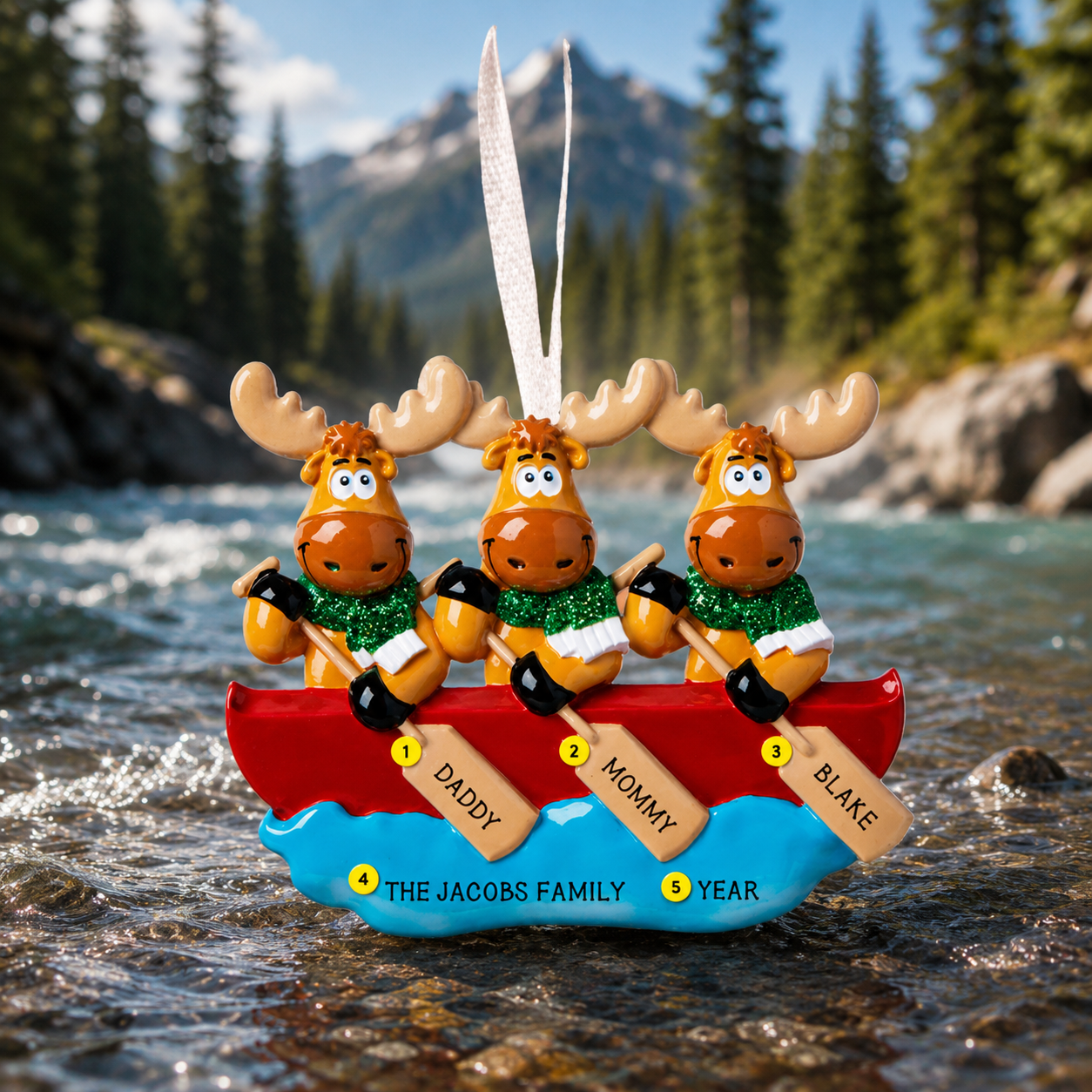 Personalized Family of 3 Moose Canoe Ornament