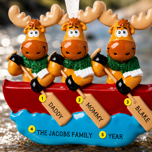 Personalized Family of 3 Moose Canoe Ornament