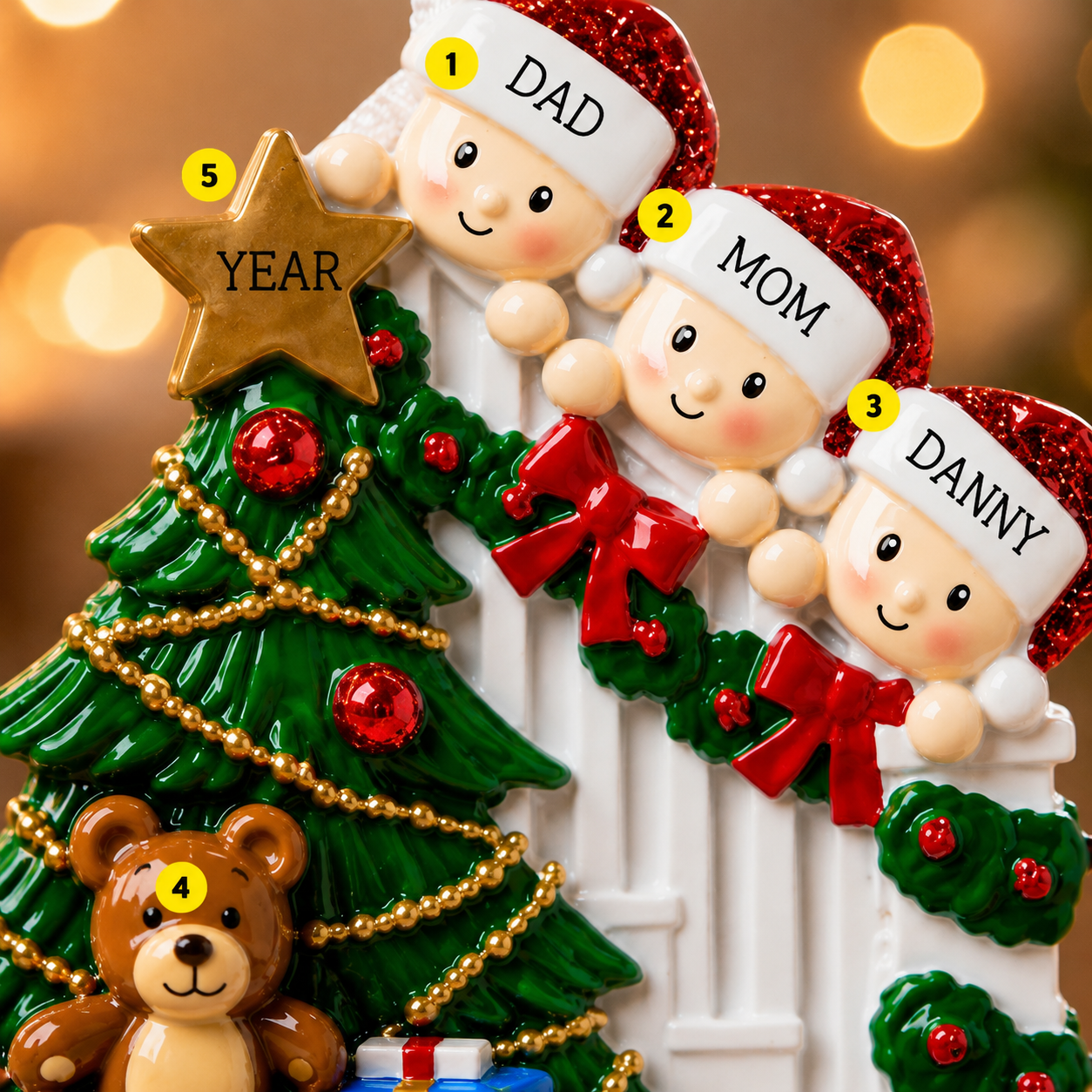 Decorative Christmas ornament with family of four and a tree, each labeled with a name.
