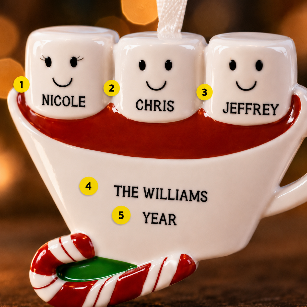 Personalized Christmas ornament with marshmallows and a mug, featuring names and 'The Williams Year' text.