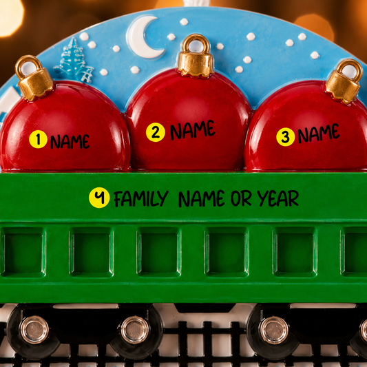 Decorative Christmas ornament with red baubles and a green base, suitable for personalization.