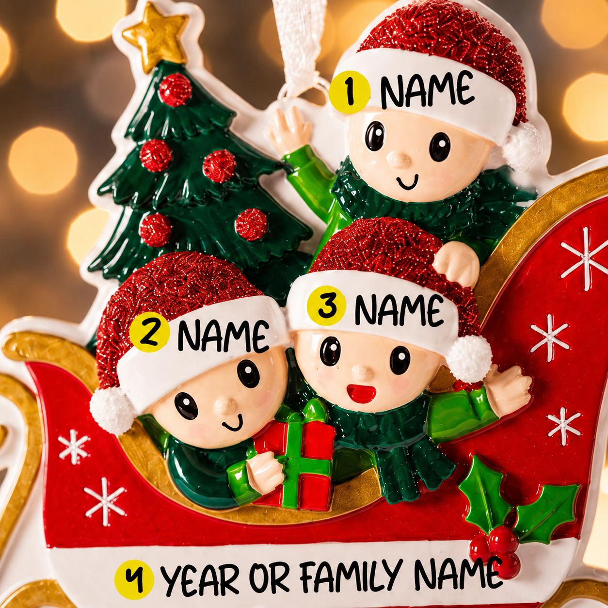 Personalized Family of 3 Sleigh Ornament | Custom Names Christmas Decoration