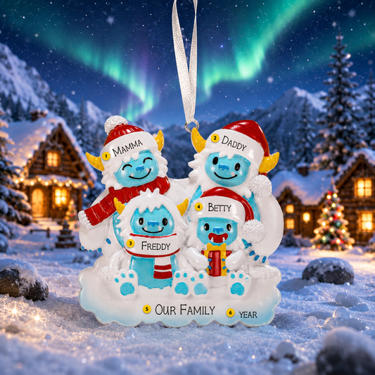 Personalized family ornament with blue characters against a snowy village background
