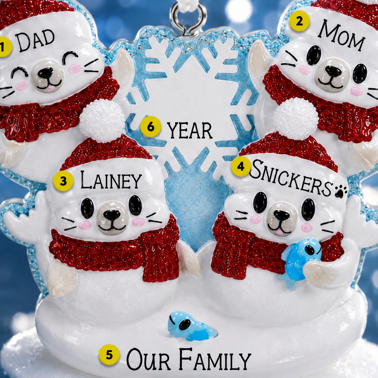 Personalized Christmas ornament with polar bear family members and snowflake design.