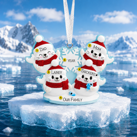 Decorative Christmas ornament with cartoon family on a snowy background