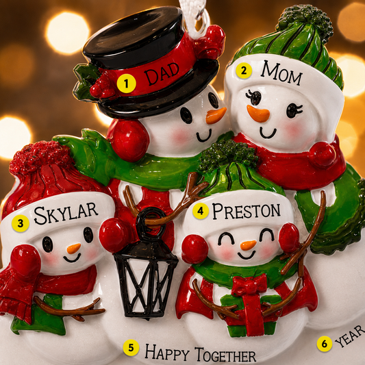 Personalized snowman family ornament with names and numbers on a blurred light background