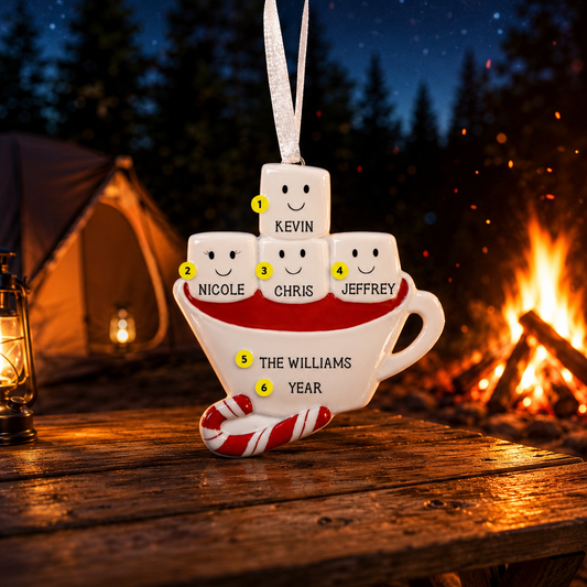 Personalized Christmas ornament shaped like a hot chocolate mug with marshmallows, set against a camping scene with a fire and tent.
