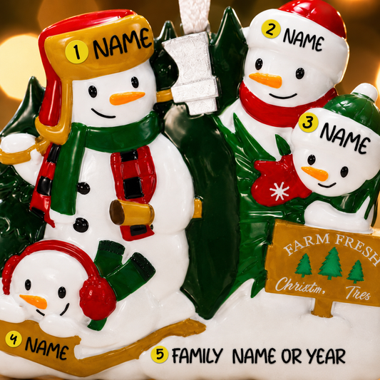 Personalized Snowman Family of 4 Ornament | Farm Fresh Theme, Custom Names