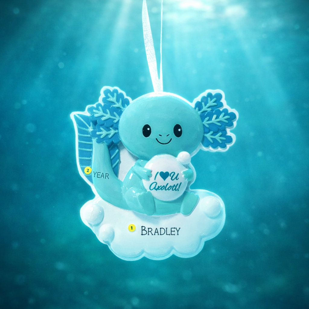 Blue axolotl ornament with 'I ❤️ You Axolotl' message on a cloud, underwater background