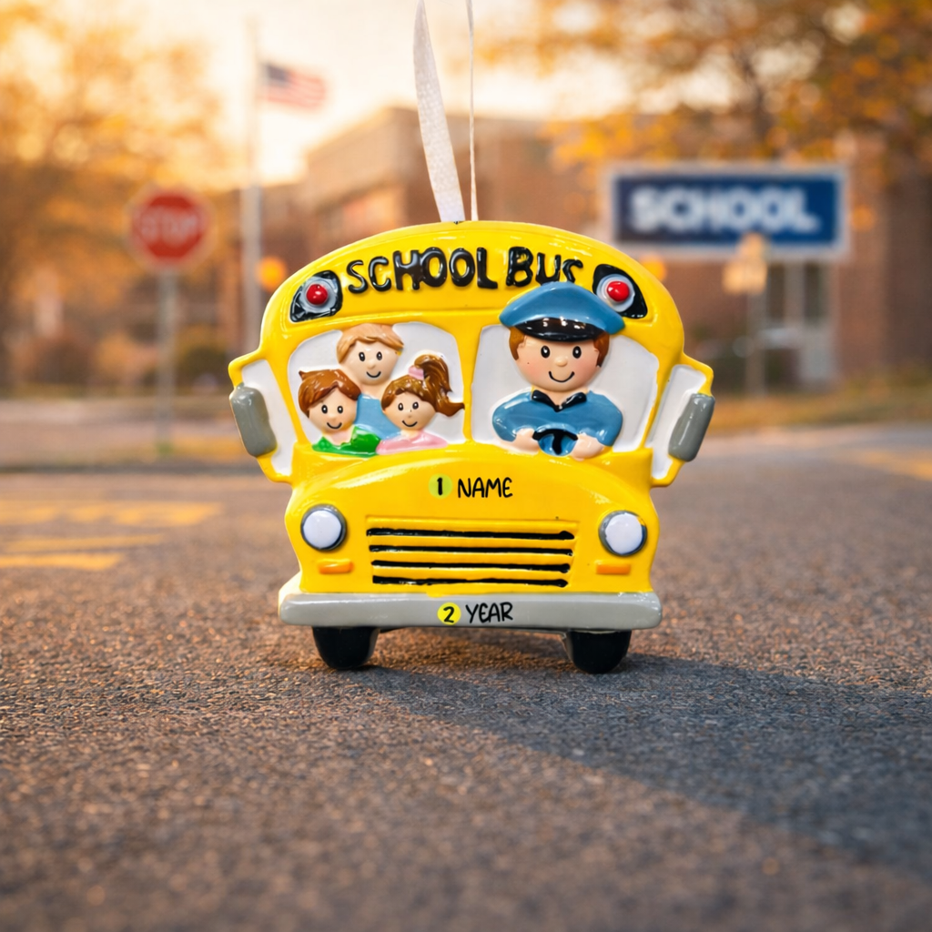 ornament school bus with children and driver on a road with a school sign in the background
