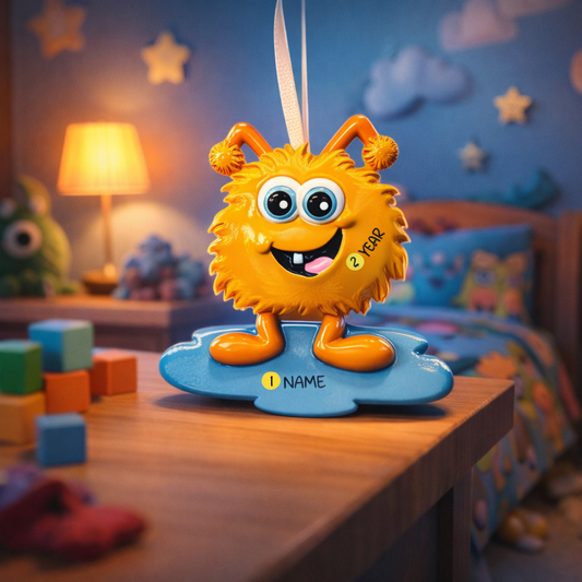 Toy figure of a smiling orange creature with a blue base on a wooden table in a child's room.
