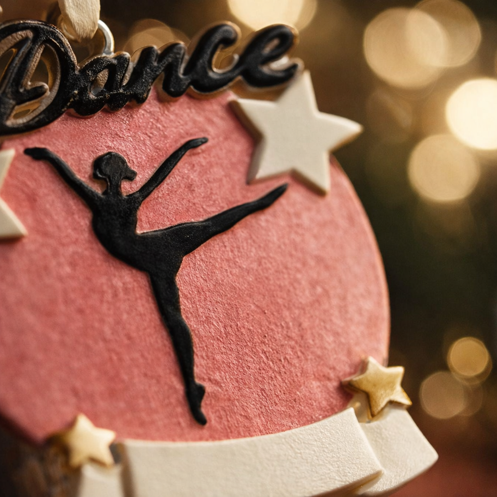 Decorative item with 'Dance' text and a dancer silhouette on a pink background with gold stars.