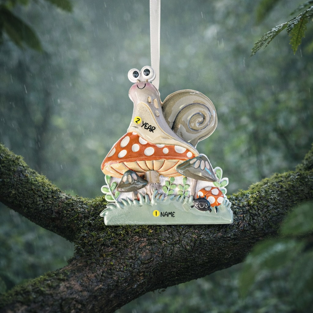 Personalized Snail & Mushroom Ornament | Custom Name Woodland Keepsake