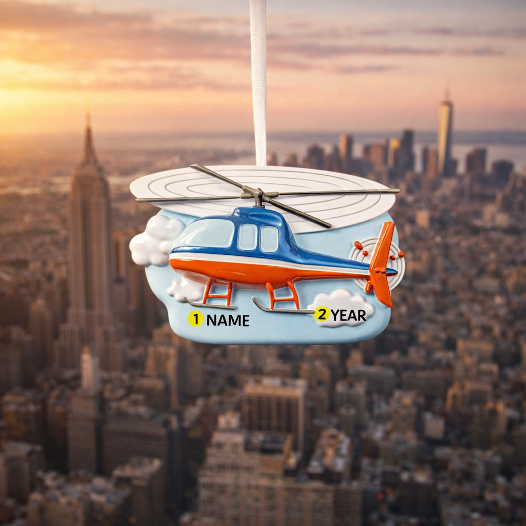 Decorative helicopter ornament with customizable text over a cityscape background