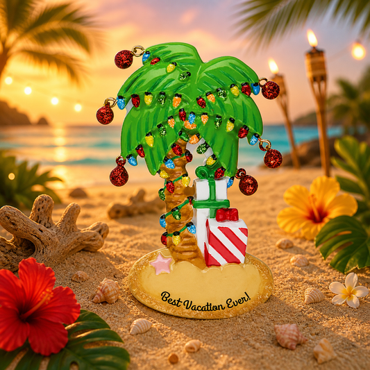 Decorative palm tree ornament with lights and 'Hawaii Best Vacation Ever!' text on a blurred hawaii theme background