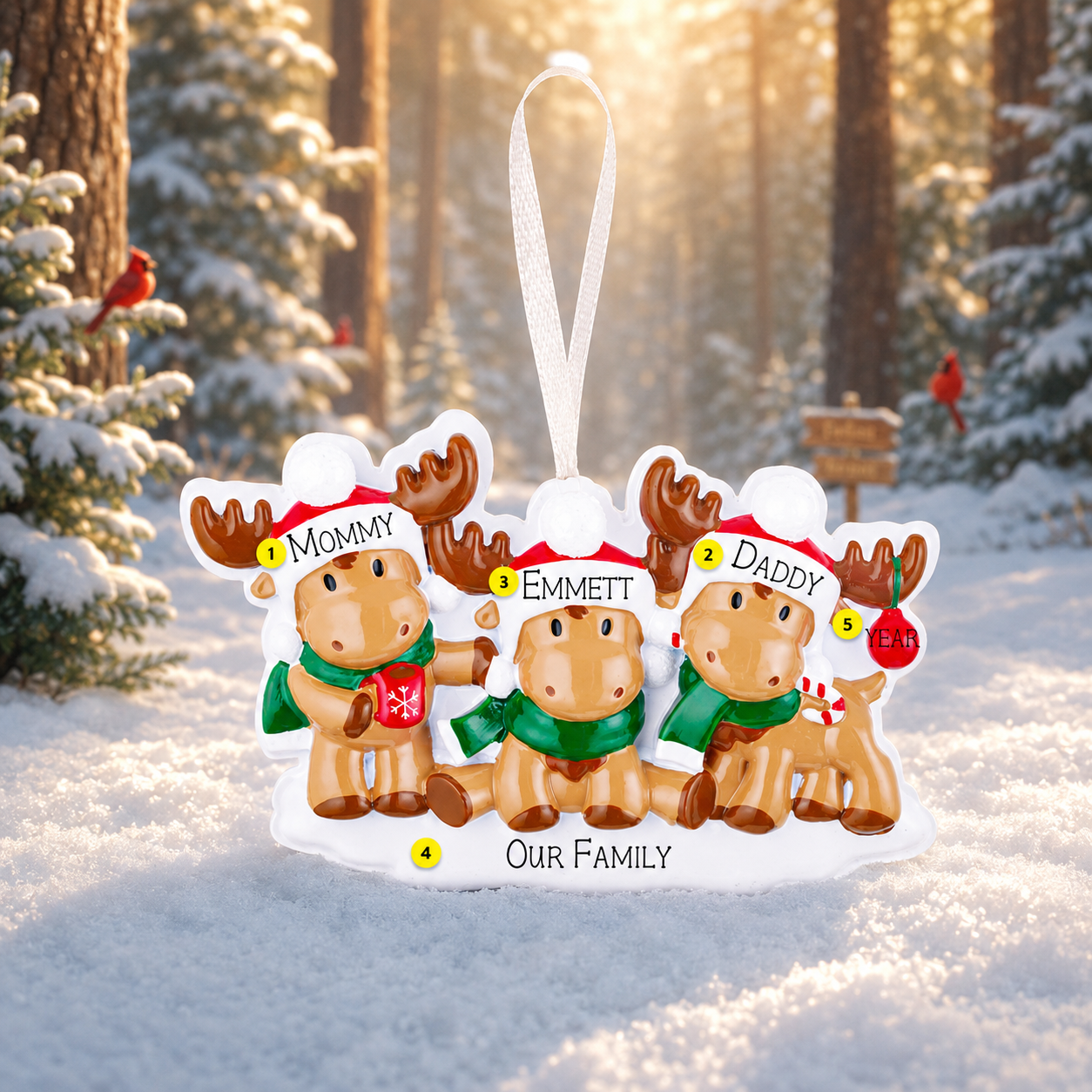 Reindeer Family of 3 Christmas Ornament | Personalized Names and Year | Winter Tree Decor Keepsake