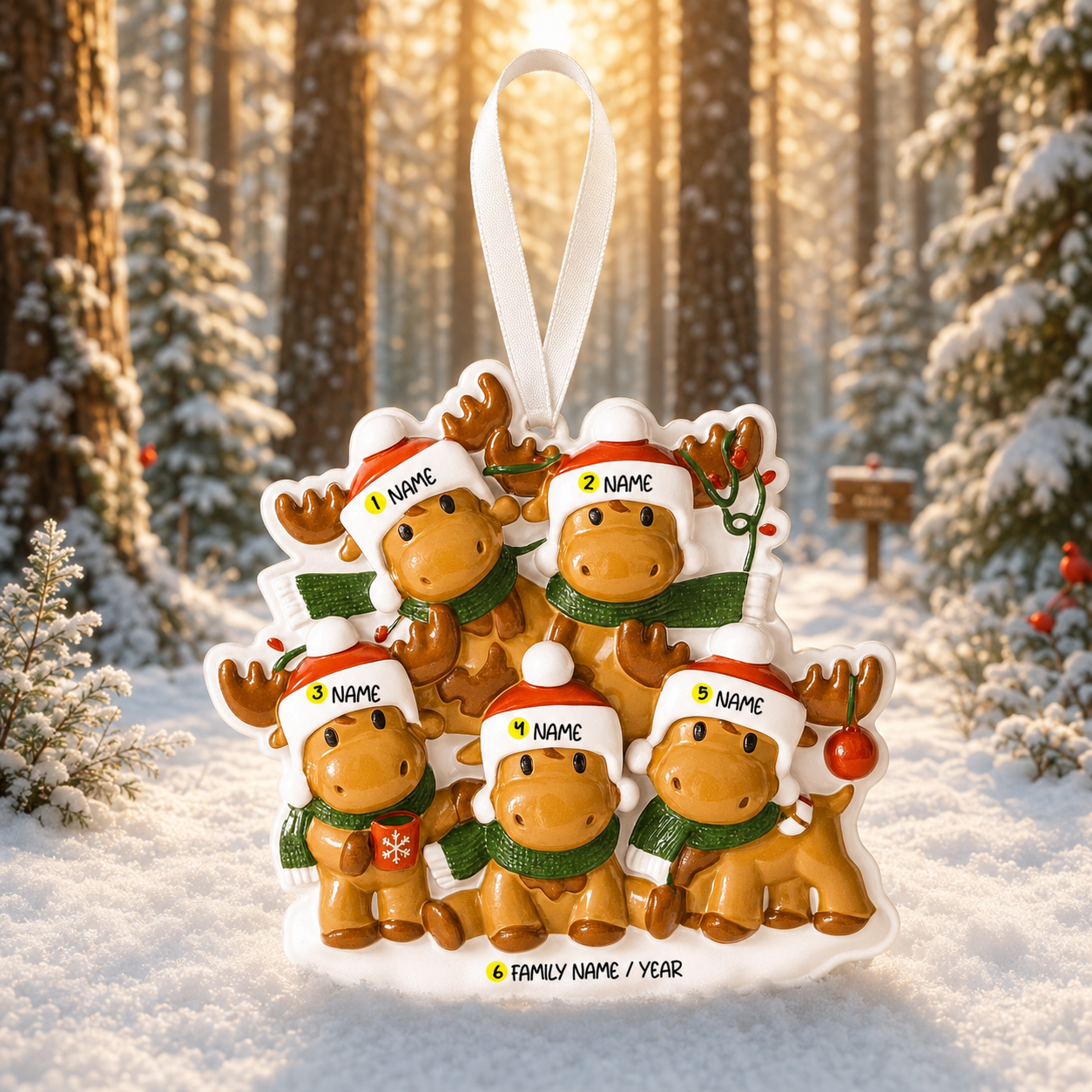 Reindeer Family of 5 Christmas Ornament | Personalized Names and Year | Winter Tree Decor Keepsake