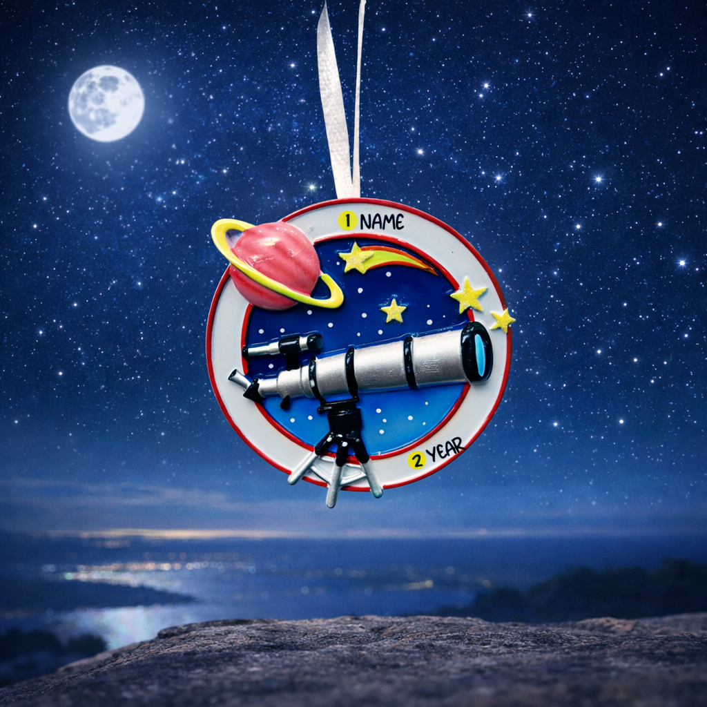 Decorative ornament with telescope, planets, and stars against a night sky background.