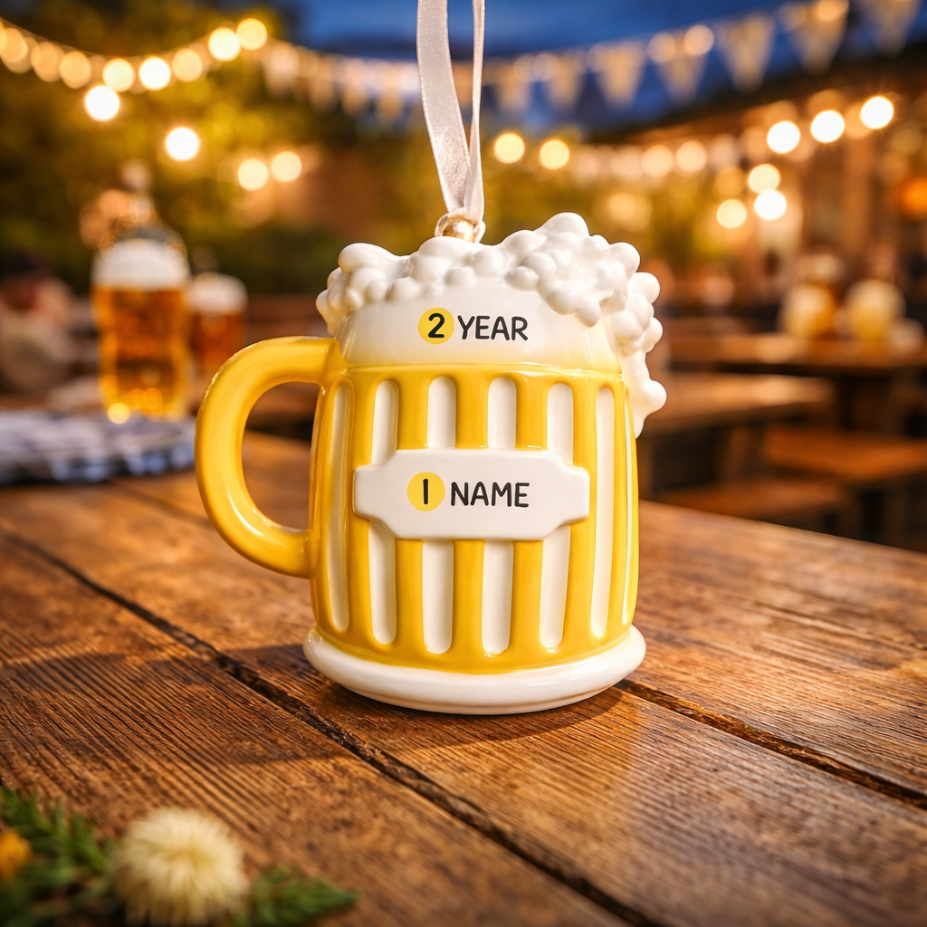 Decorative beer mug ornament with '2 YEAR' and 'NAME' text on a wooden table outdoors.
