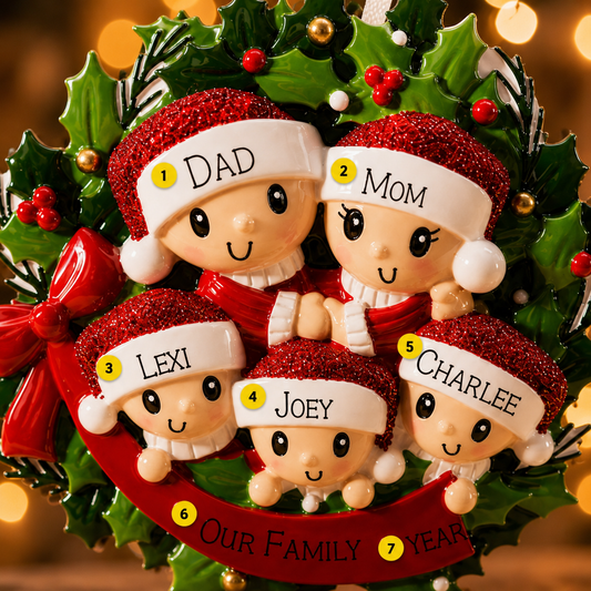 Personalized Christmas ornament with family of six wearing Santa hats on a wreath.
