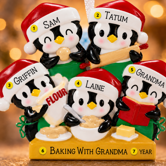 Family of 5 Penguin Baking Ornament | Personalized Kitchen Theme Keepsake | Handwritten Holiday Decoration