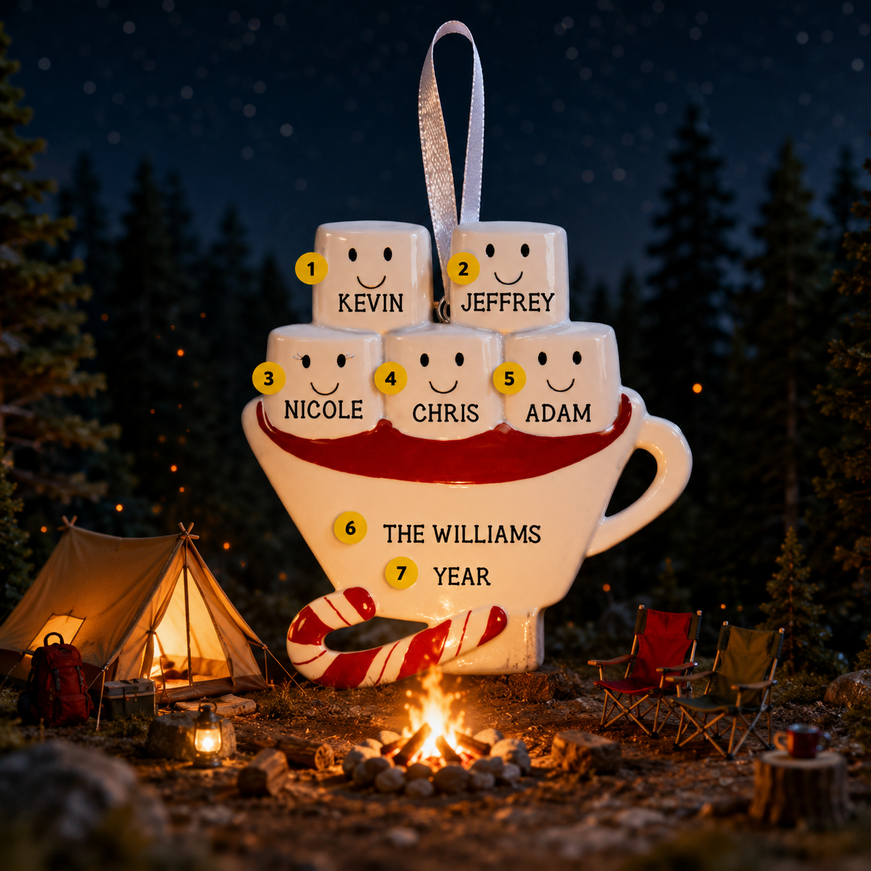Personalized Christmas ornament shaped like a teacup with names against a camping background.