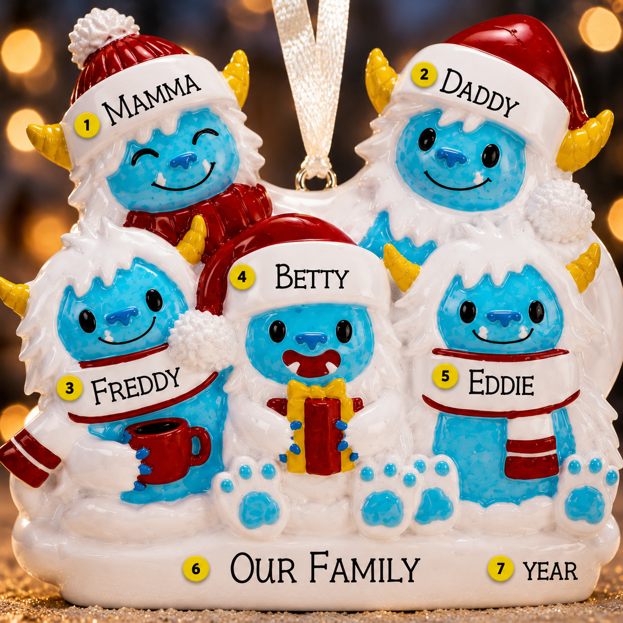Family of 5 Yeti Ornament | Winter Name Keepsake | Handwritten Family Piece | Holiday Tree Accent