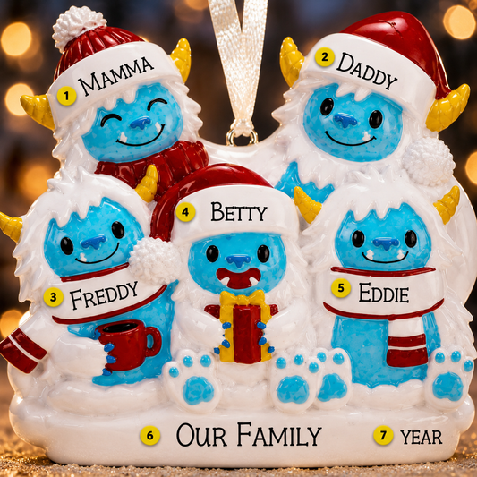 Family of 5 Yeti Ornament | Winter Name Keepsake | Handwritten Family Piece | Holiday Tree Accent