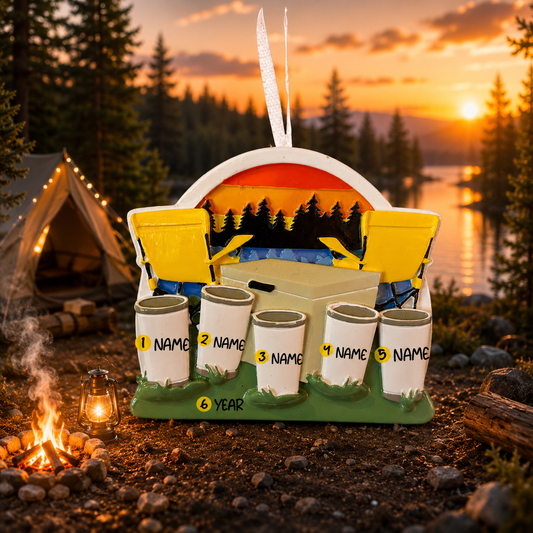 Personalized Family of 5 Camping Ornament | Sunset Lake, Handwritten Names