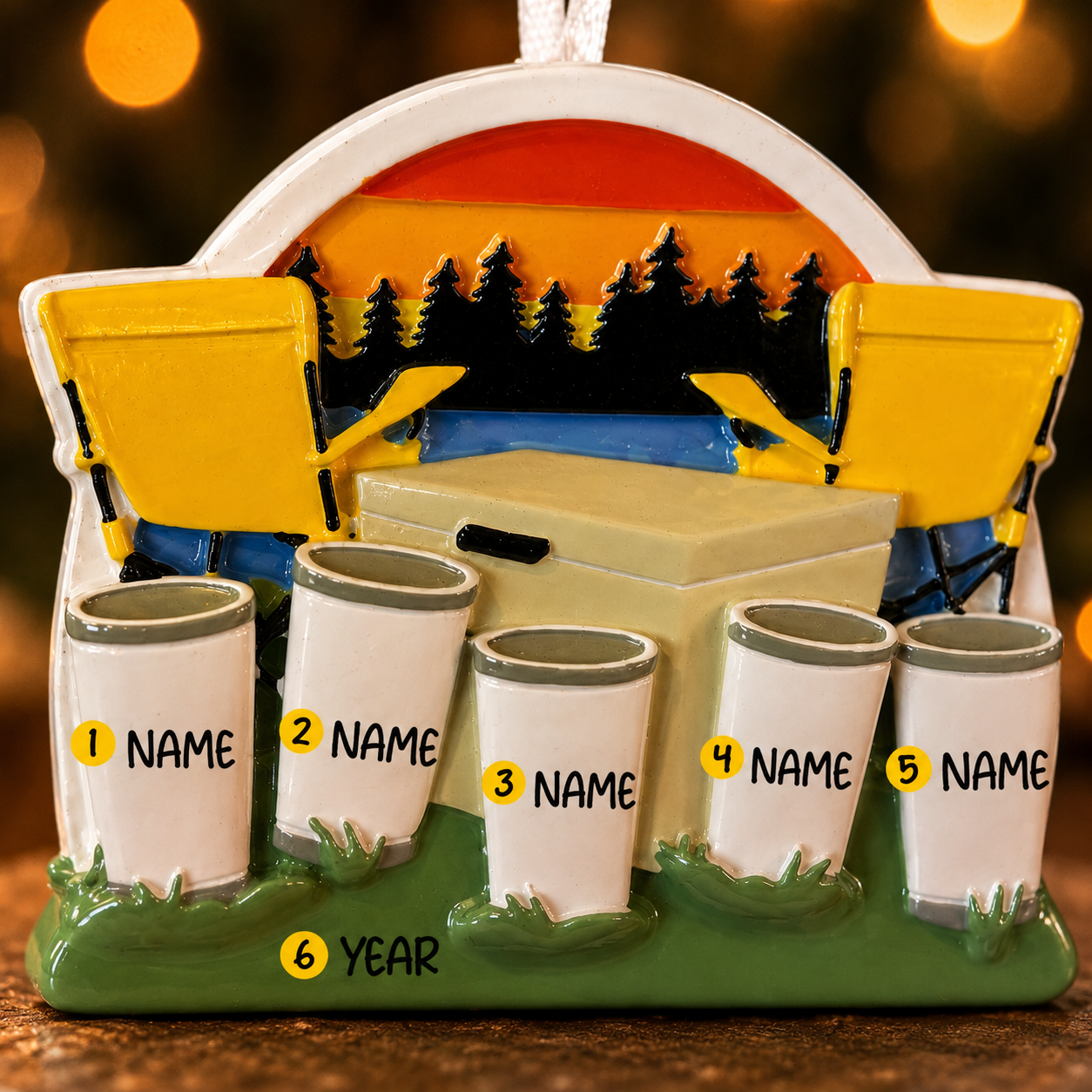 Personalized Family of 5 Camping Ornament | Sunset Lake, Handwritten Names