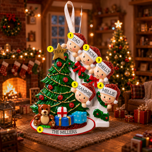 Personalized family Christmas ornament with children around a tree in a festive living room.