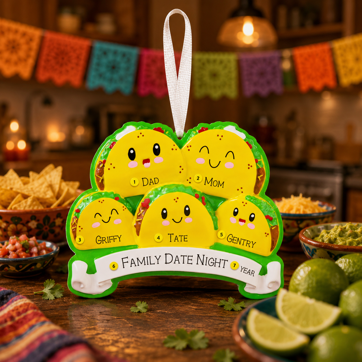 Family of 5 Taco Ornament | Personalized Names | Handwritten Keepsake | Food-Themed Holiday Decoration