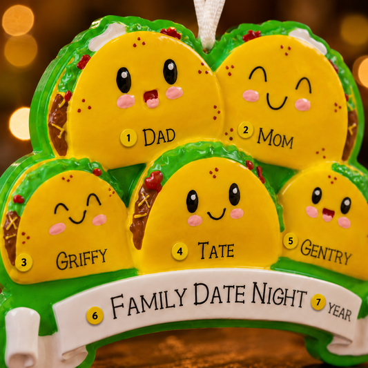 Family of 5 Taco Ornament | Personalized Names | Handwritten Keepsake | Food-Themed Holiday Decoration