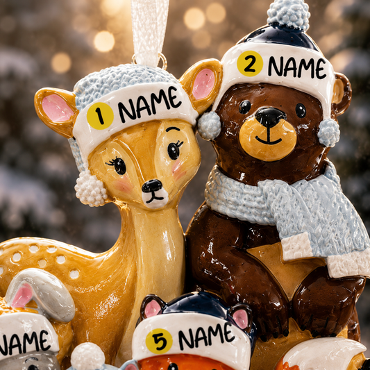 Personalized Family of 5 Woodland Animals Ornament | Holiday Keepsake