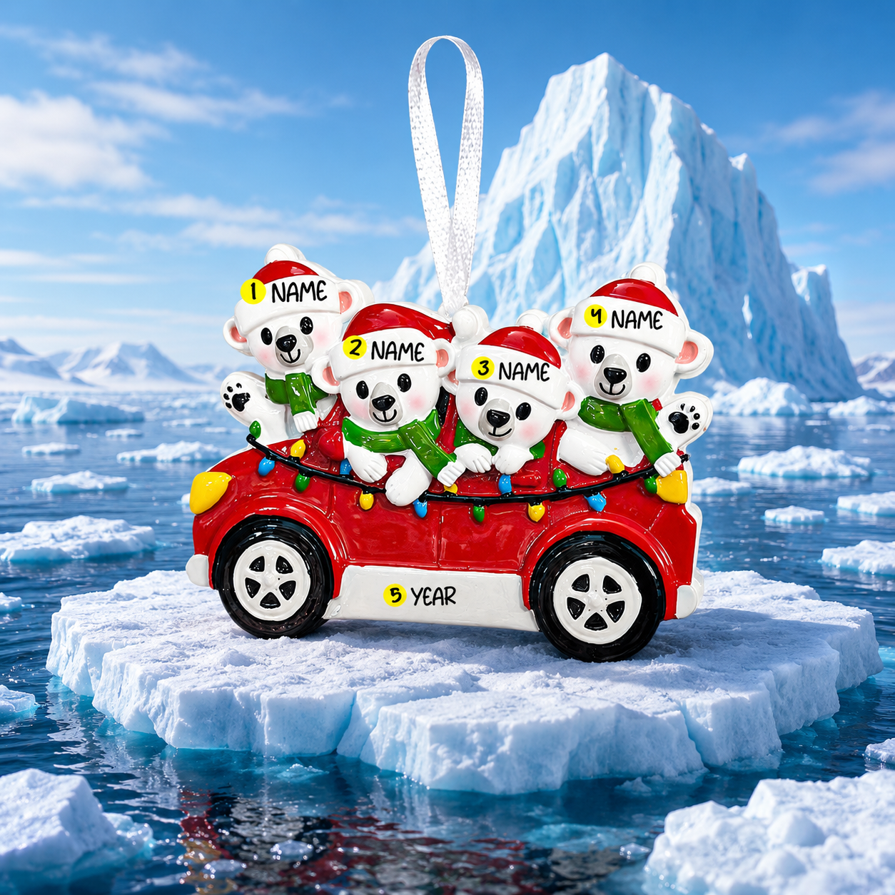 Decorative ornament of polar bears in a car on ice with a scenic background