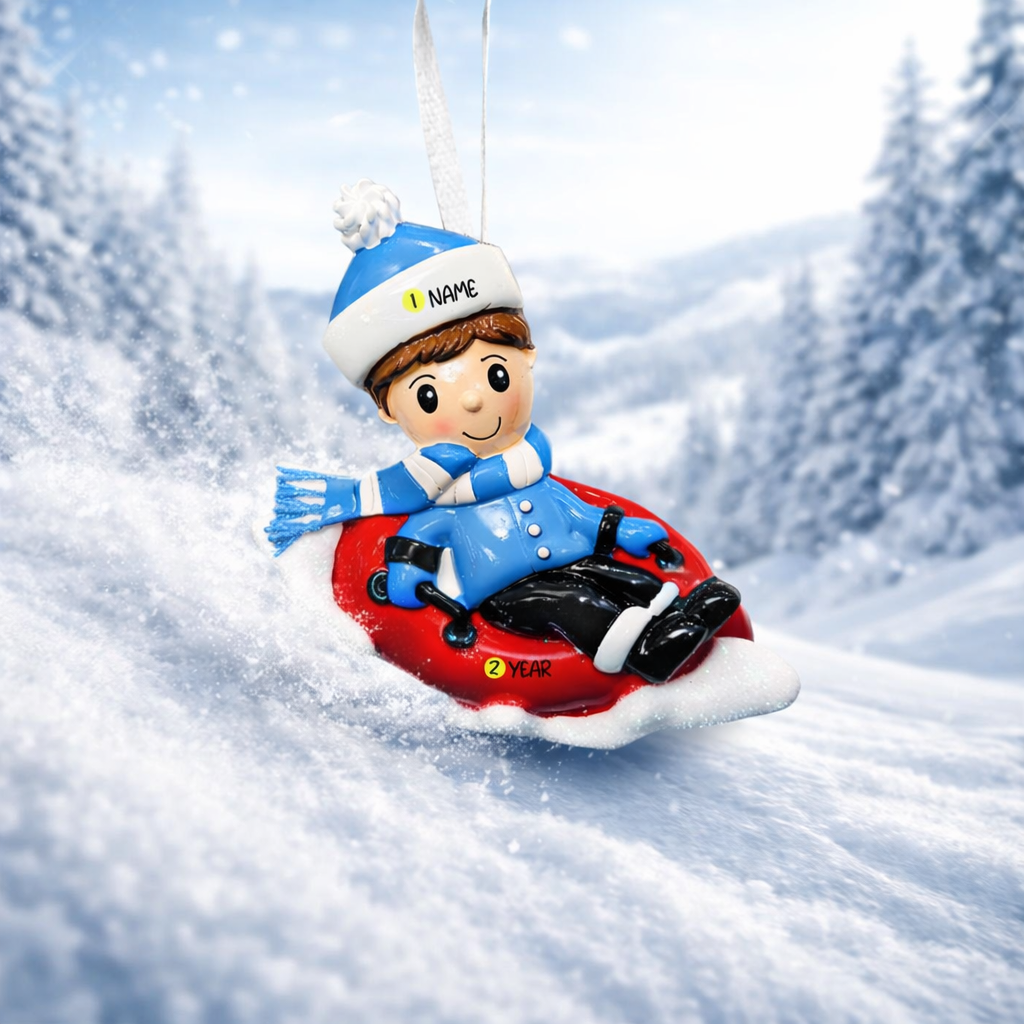 Personalized Boy Sled Christmas Ornament | Holiday Keepsake Gift | Snow Tube Boy Toddler Present