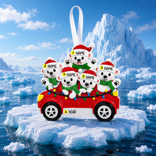 Decorative Christmas ornament with polar bears in a red car on ice, against a snowy landscape.