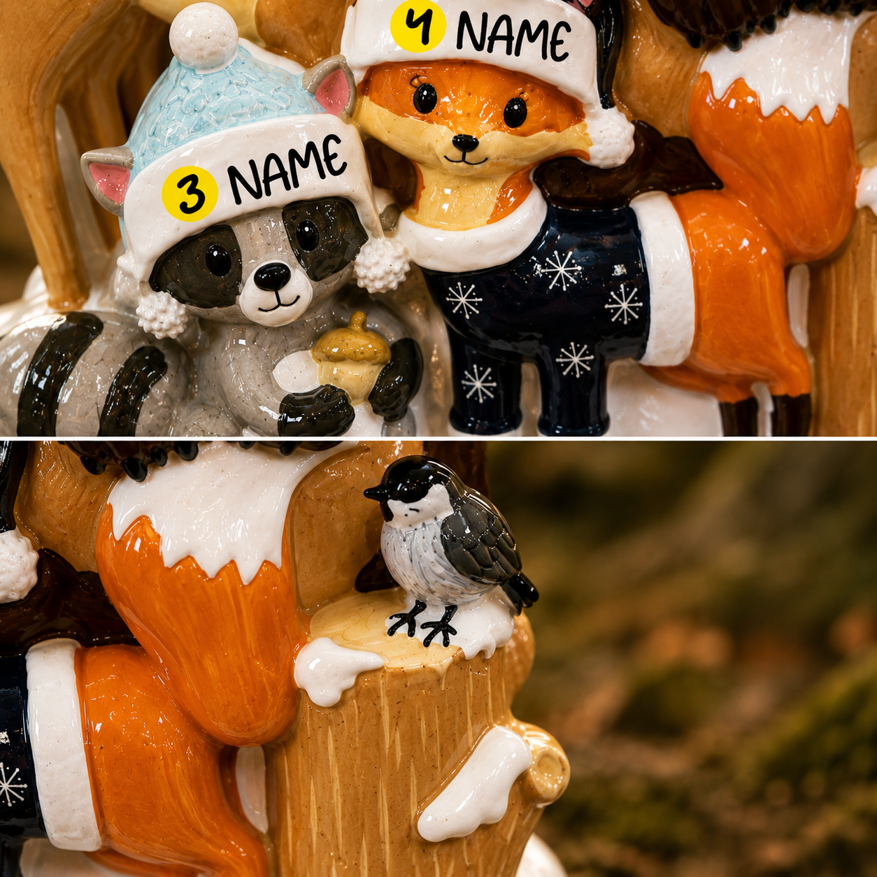Two animal figurines, a raccoon and a fox, wearing hats with '3 NAME' and '4 NAME' text, respectively. A bird is perched on a log.