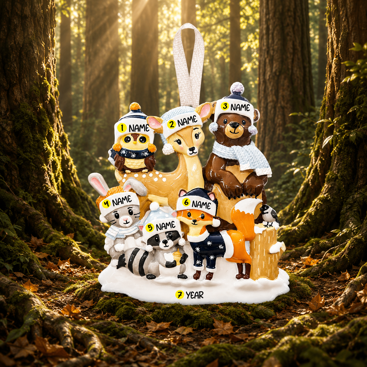 Decorative figurine of animals with hats in a forest setting