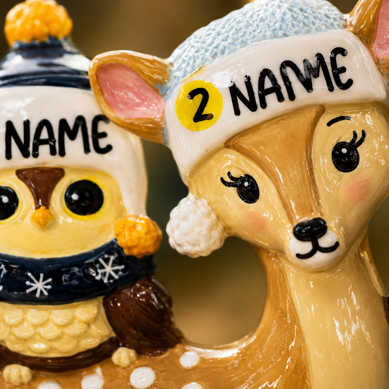 Two ceramic animal figures, one owl and one deer, wearing winter hats with 'NAME' text.