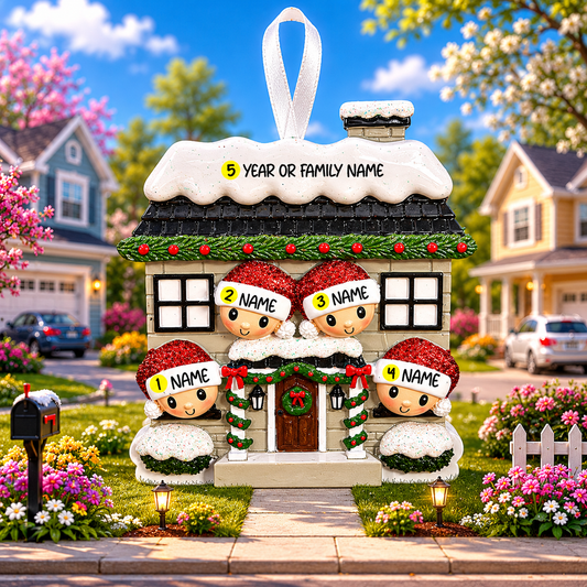 Decorative house ornament with cartoon family in front of a suburban neighborhood