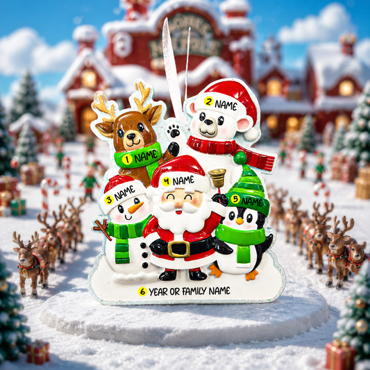 Personalized Christmas ornament with Santa Claus and friends in a snowy village scene.