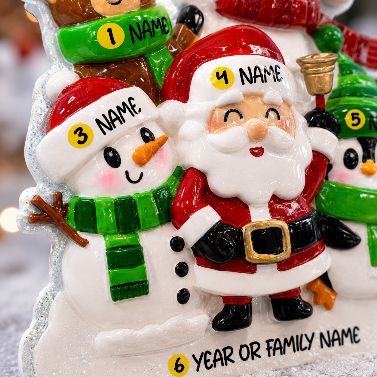 Personalized Christmas ornament with Santa Claus and snowman, ready for name customization.