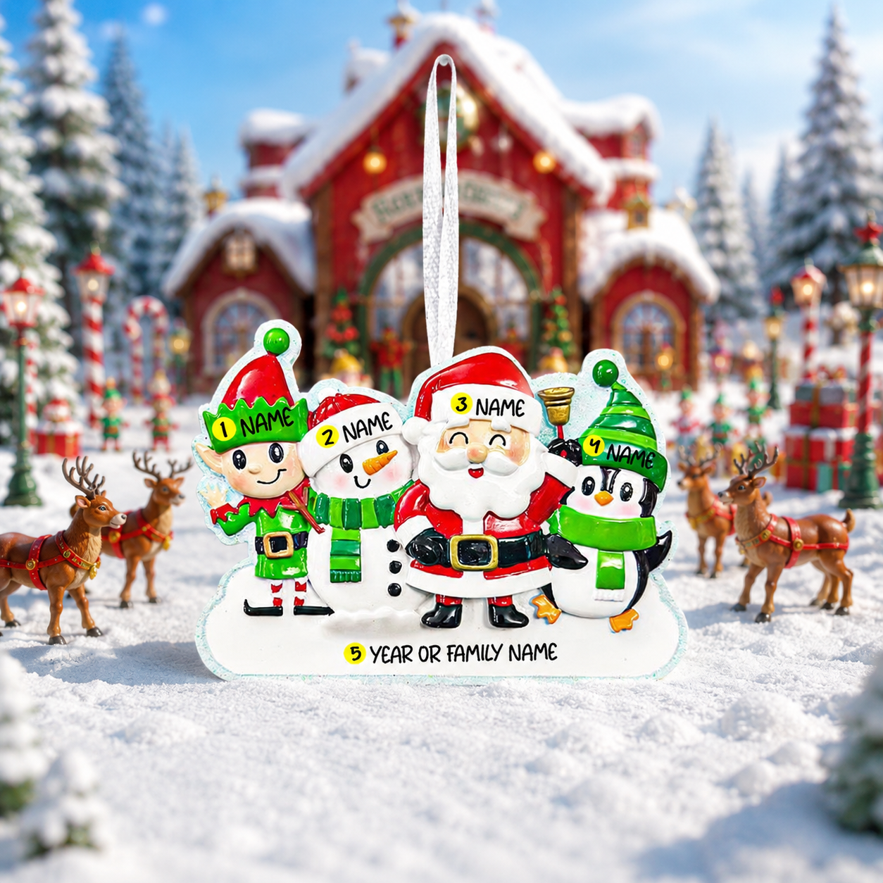 Christmas ornament with Santa Claus and elves in a snowy village scene