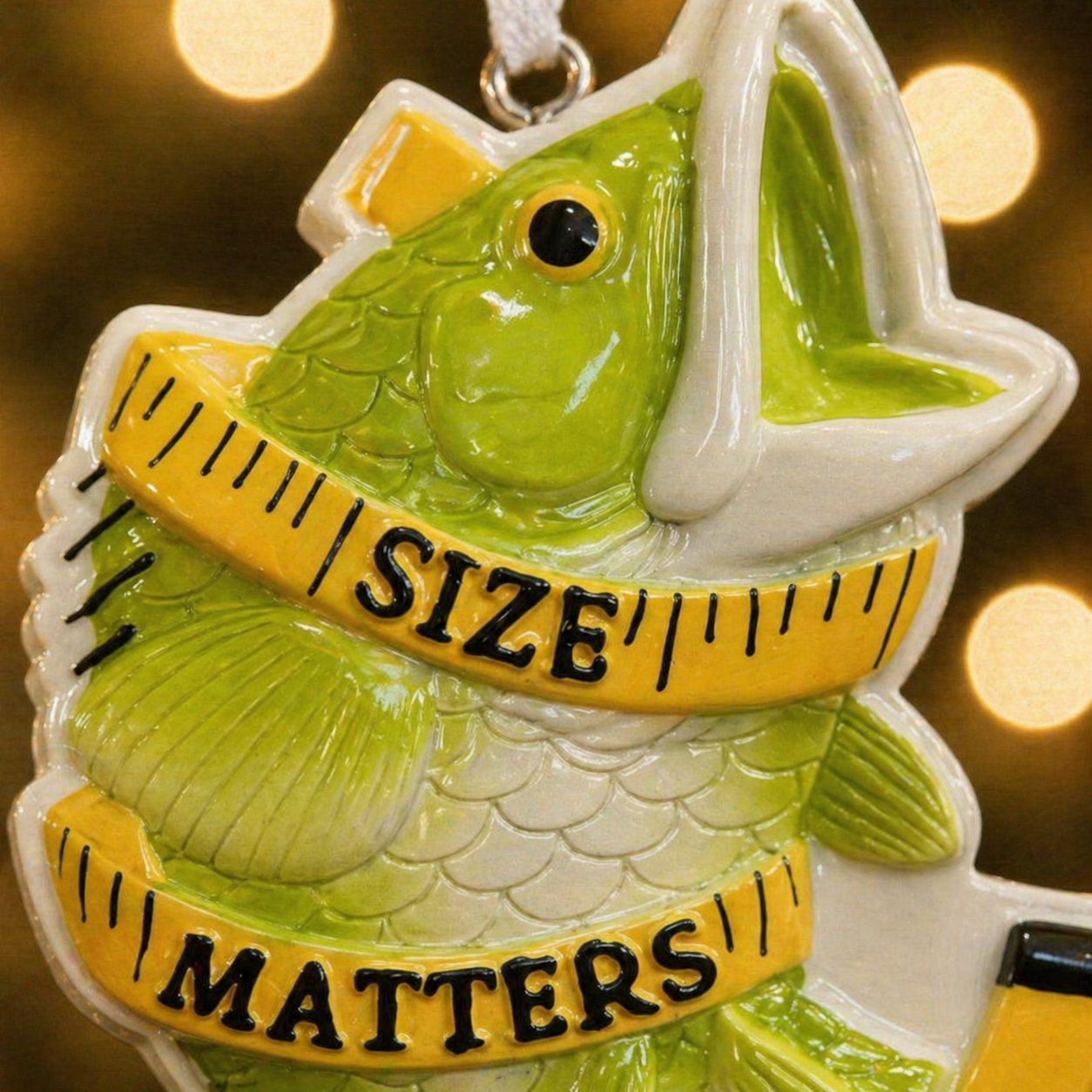 Decorative ornament of a fish with a measuring tape around it, featuring the text 'SIZE MATTERS'.