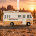 Load image into Gallery viewer, RV-shaped ornament with customizable text against a desert sunset background
