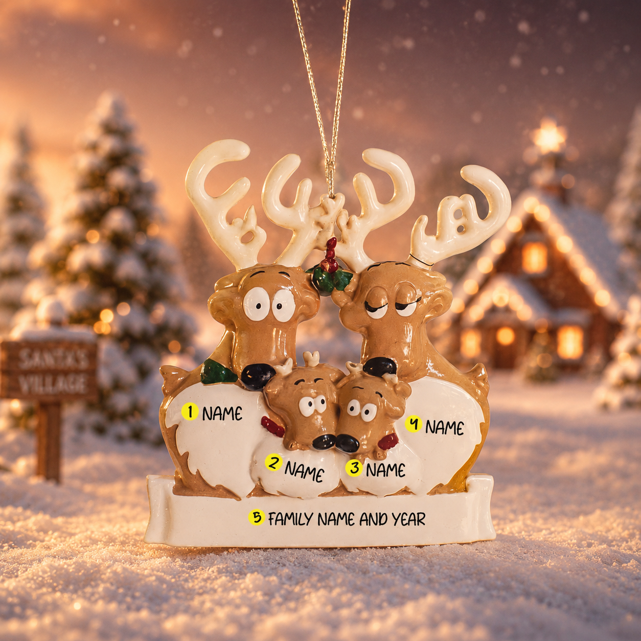 Family of 4 Reindeer Ornament | Personalized Christmas Gift | Custom Names Holiday Decor | Winter Keepsake